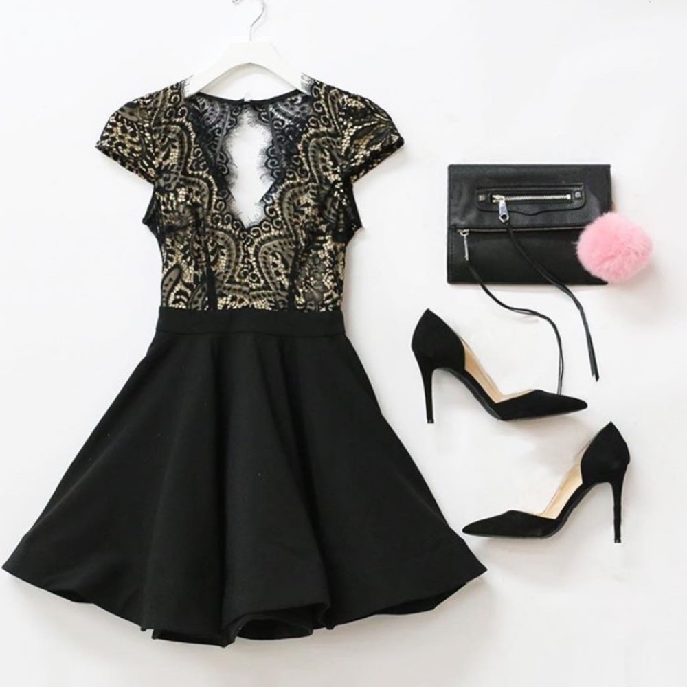HONEY Black and White Lace Fit and Flare Dress